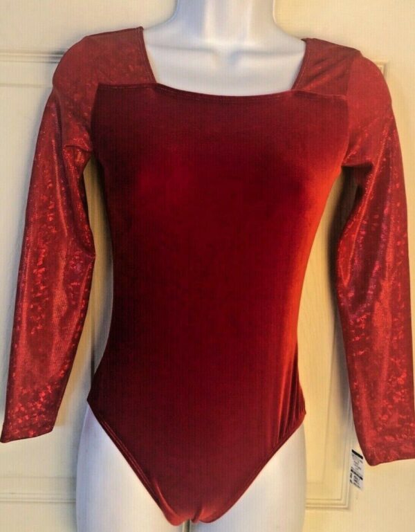 GK ELITE LgSLV LADIES SMALL RED VELVET FOIL GYMNASTICS DANCE LEOTARD Sz AS NWT!