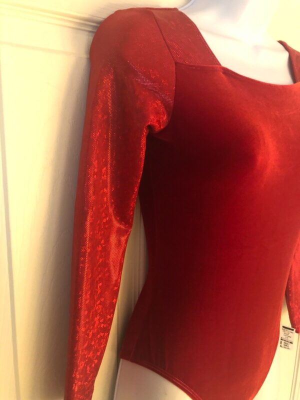 GK ELITE LgSLV LADIES SMALL RED VELVET FOIL GYMNASTICS DANCE LEOTARD Sz AS NWT! - Image 3