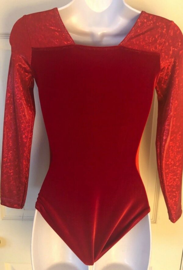 GK ELITE LgSLV LADIES SMALL RED VELVET FOIL GYMNASTICS DANCE LEOTARD Sz AS NWT! - Image 4