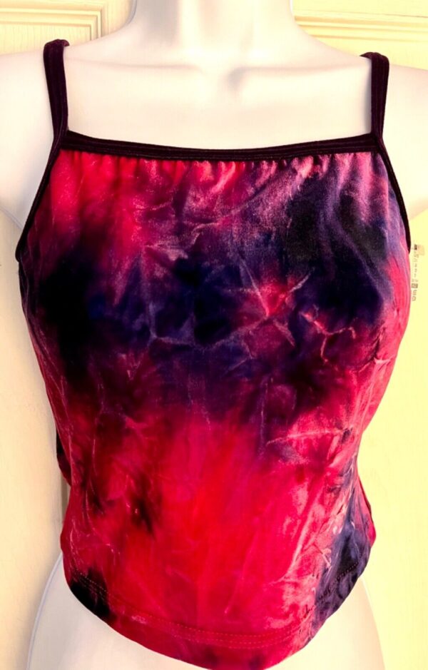 GK ELITE DANCE JAZZ ADULT MEDIUM TIE DYE PINK/PURPLE VELVET CAMI CROP TOP Sz AM