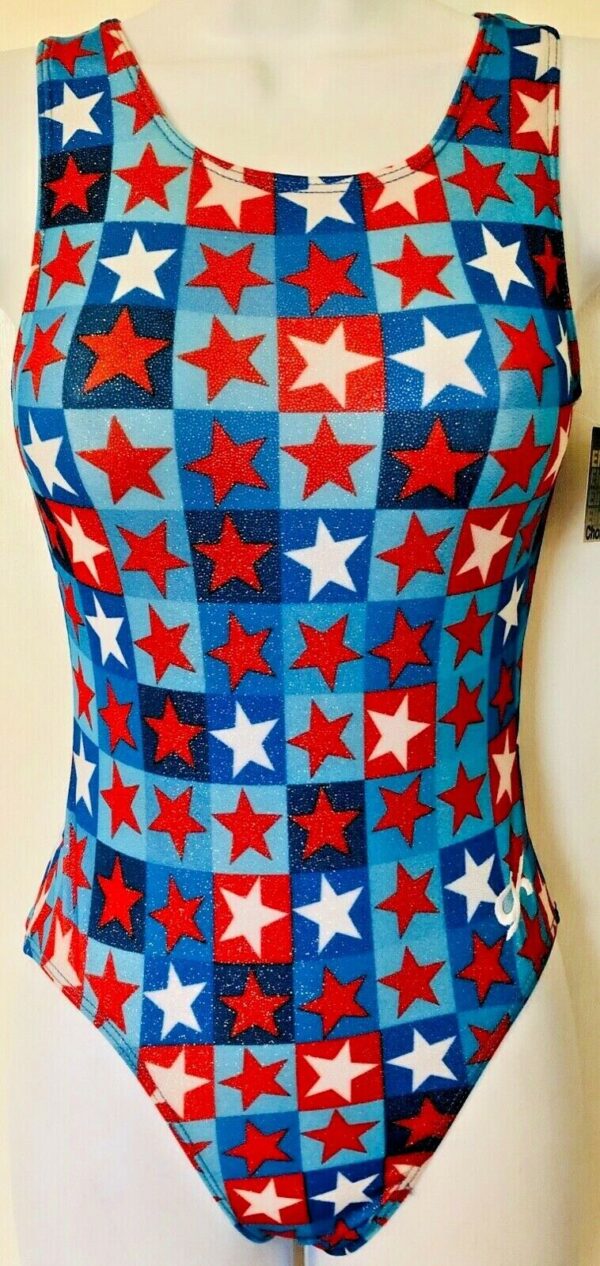 GK LEOTARD ADULT SMALL PATRIOTIC STAR PRINT FOIL TANK GYMNASTIC DANCE NWT! AS