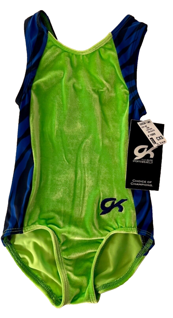 GK GREEN CHILD X-SMALL GREEN VELVET BLUE BLACK GYMNASTICS DANCE TANK LEOTARD XS