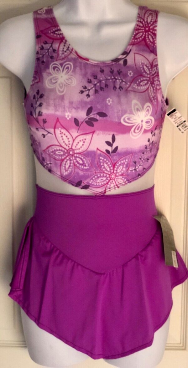 GK FIGURE SKATE DRESS ADULT X-SMALL SLVLS MATTE TRICOT PRINT VIOLET MESH AXS NWT