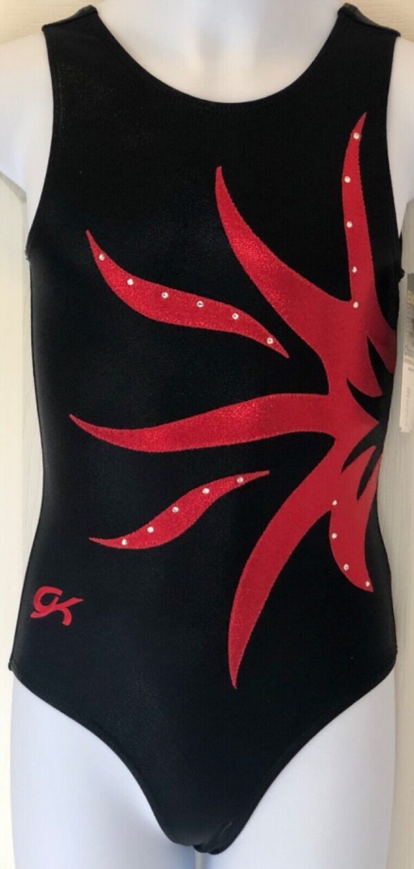 GK BLACK MYSTIQUE CHILD MEDIUM RED FLAMES JA GYMNASTICS DANCE TANK LEOTARD Sz AS