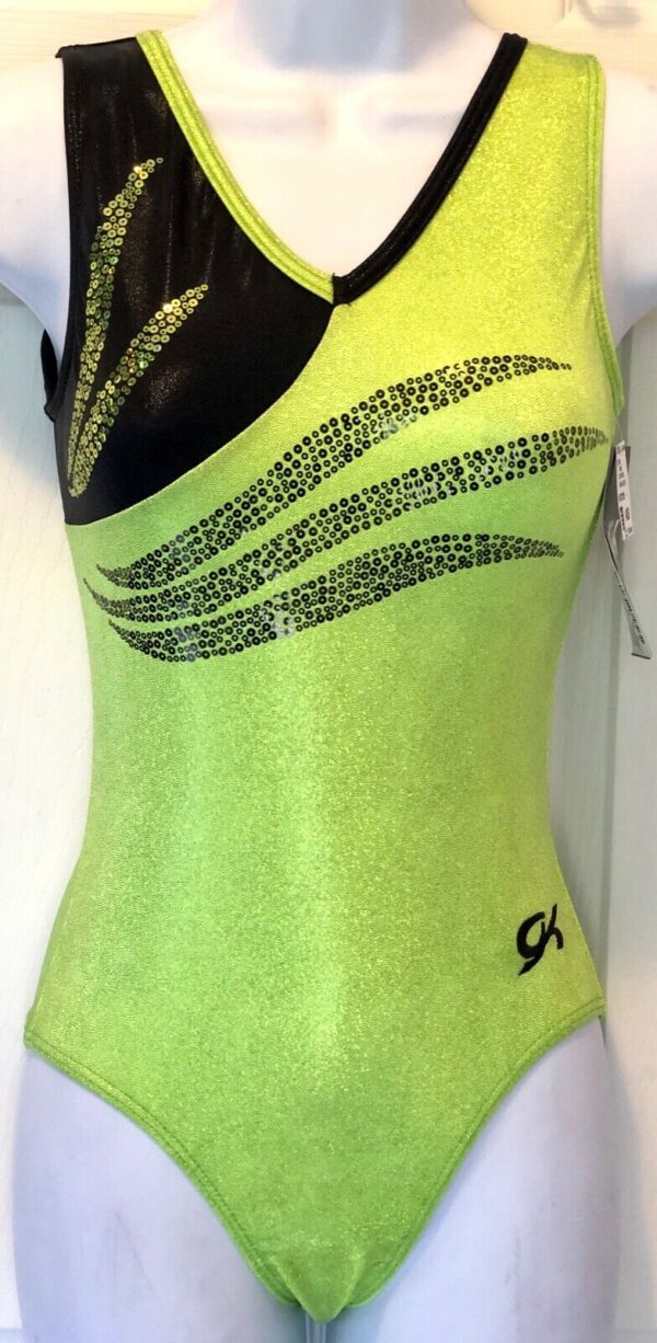 GK ELITE TANK LADIES SMALL LEMON LIME BLACK FOIL GYMNASTS DANCE LEOTARD AS NWT!