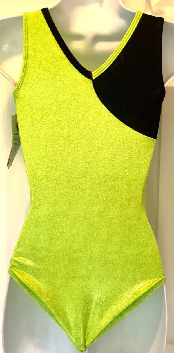 GK ELITE TANK LADIES SMALL LEMON LIME BLACK FOIL GYMNASTS DANCE LEOTARD AS NWT! - Image 3