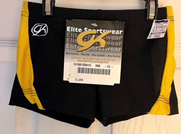 GK CHEER CHILD LARGE MICRO MINI BLACK NYLON YELLOW MESH GYM WORKOUT SHORTS SZ L - Image 6