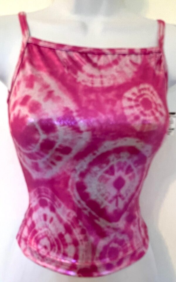 GK DANCE CHEER ADULT X-SMALL PINK WHITE TIE DYE FOIL CAMISOLE SKATE TOP Sz AXS