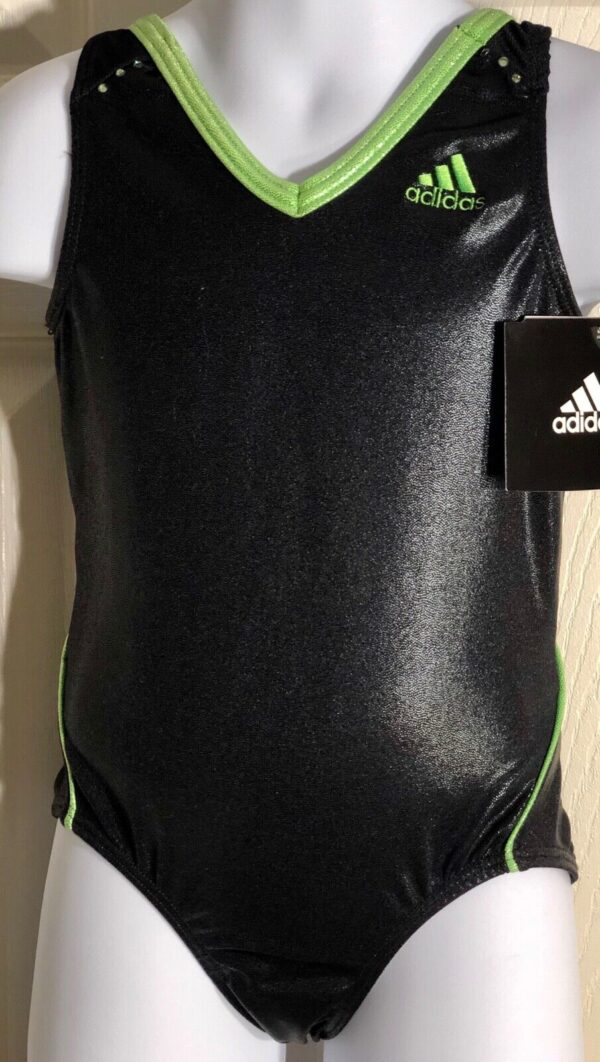 ADIDAS CHILDS BLACK GREEN FOIL TANK GYMNASTICS DANCE LEOTARD CS