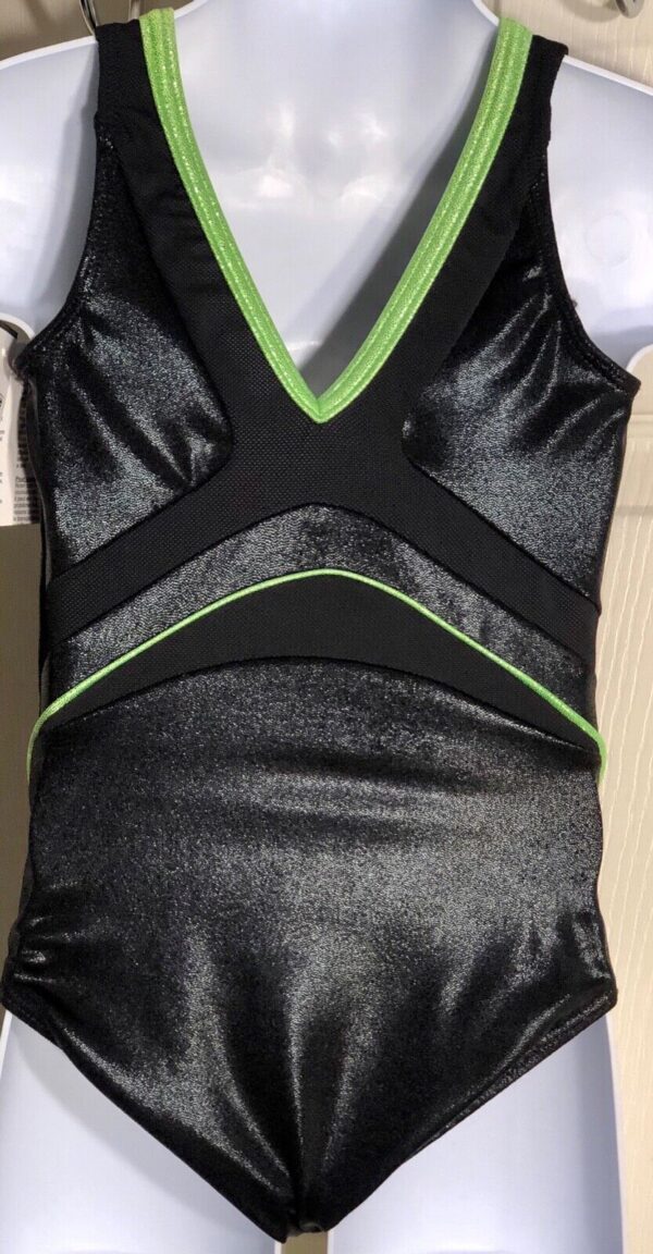 ADIDAS CHILDS BLACK GREEN FOIL TANK GYMNASTICS DANCE LEOTARD CS - Image 2