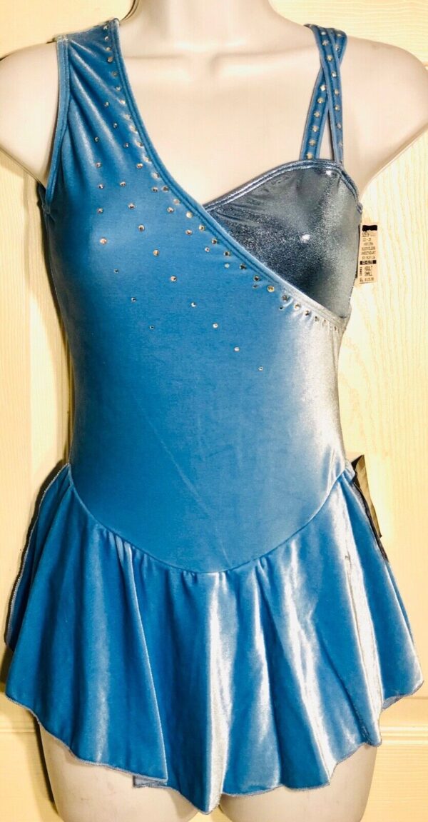 GK ICE FIGURE SKATE ADULT SMALL ASYM BLUE VELVET SWEETHEART JA FOIL DRESS AS NWT