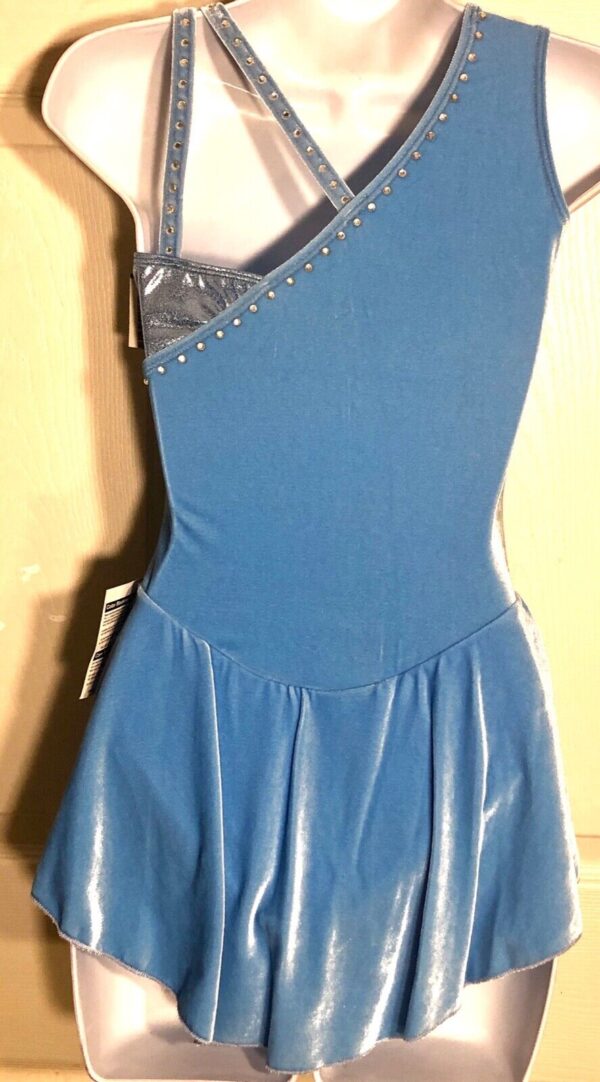 GK ICE FIGURE SKATE ADULT SMALL ASYM BLUE VELVET SWEETHEART JA FOIL DRESS AS NWT - Image 3