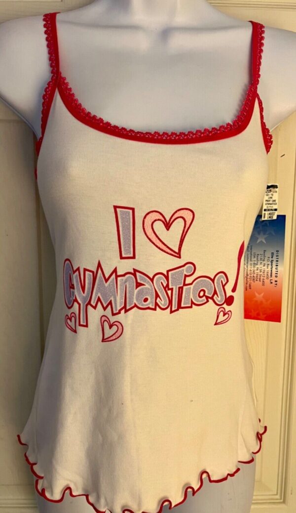 GK CAMISOLE TOP ADULT LARGE WHITE COTTON "I LOVE GYMNASTICS" GLITTER GRAPHICS L