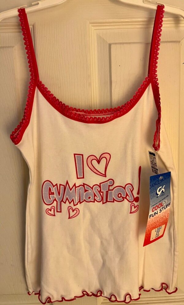 GK CAMISOLE TOP ADULT LARGE WHITE COTTON "I LOVE GYMNASTICS" GLITTER GRAPHICS L - Image 8