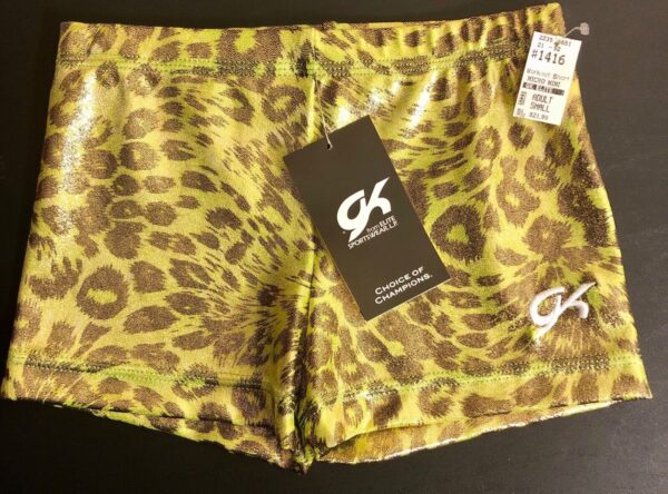 WAS $21.99 NWT! GK ELITE MICRO MINI CHEER SHORTS CHEETAH PRINT FOIL ADULT S