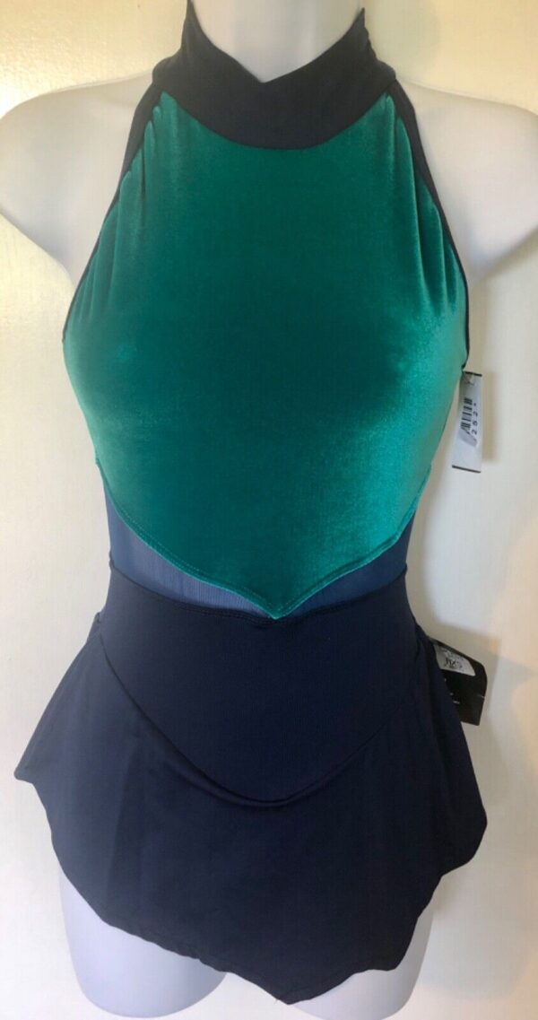 GK GREEN VELVET HALTER FIGURE SKATE LADIES X-SMALL NAVY N/S TURTLENECK DRESS AXS