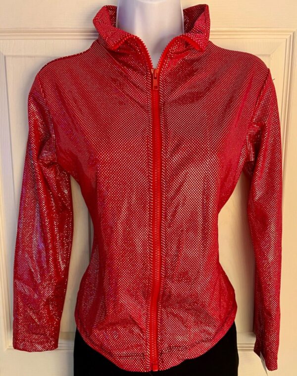 GK WARM UP JACKET ADULT SMALL RED SPARKLE FOIL ZIP FRONT GYMNASTIC DANCE CHEER S