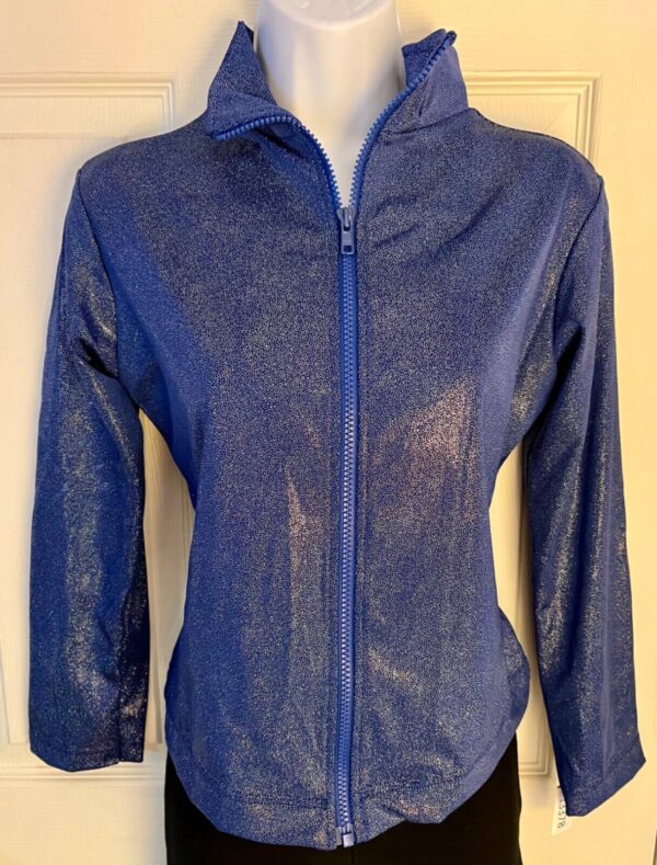 GK WARM UP JACKET ADULT SMALL BLUE SPARKLE FOIL ZIP FRONT GYM DANCE CHEER S