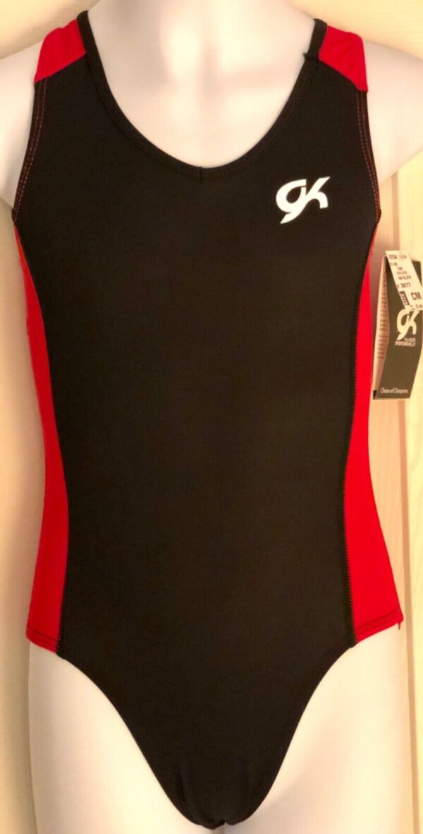 GYMTEK GK GIRLS MEDIUM BLACK RED TECHMESH GK GYMNASTIC TANK WORKOUT LEOTARD CM