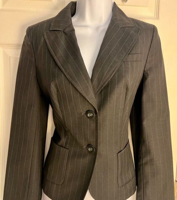 Ann Taylor LOFT Women's Black Pin Stripe Wool Blazer SZ 2 Lined TWO Button EUC