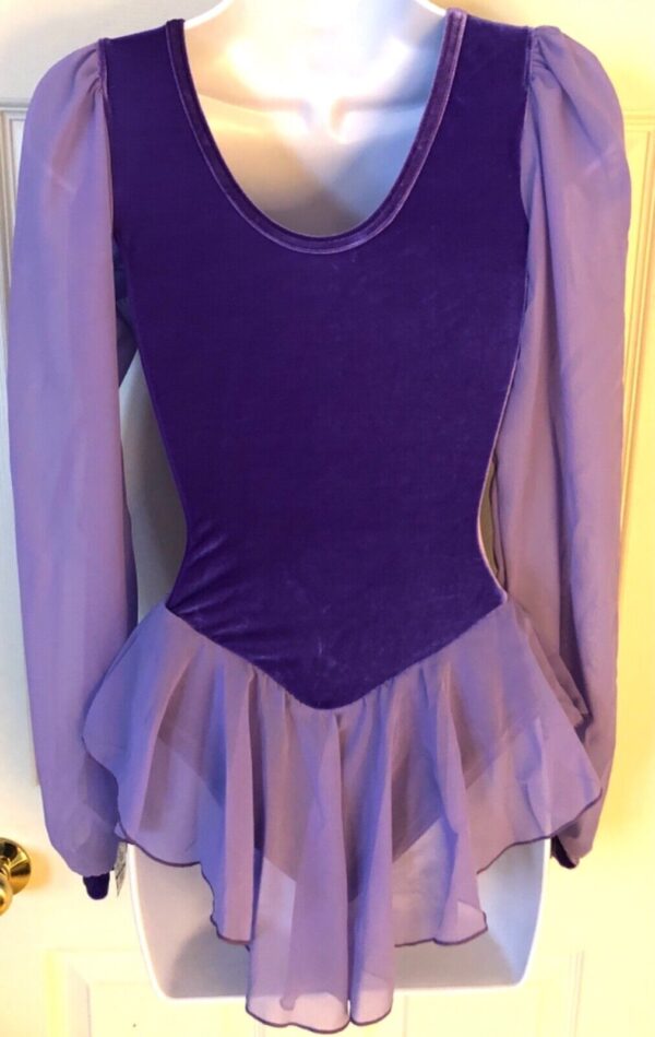 GK ELITE ICE FIGURE SKATE LADIES X-SMALL CHIFFON JA LgS PURPLE VELVET DRESS AXS - Image 7