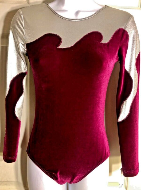 GK ELITE BURGUNDY VELVET SILVER LgS GYMNASTIC DANCE LEOTARD Sz AS