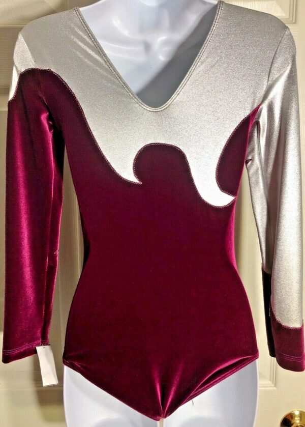 GK ELITE BURGUNDY VELVET SILVER LgS GYMNASTIC DANCE LEOTARD Sz AS - Image 2