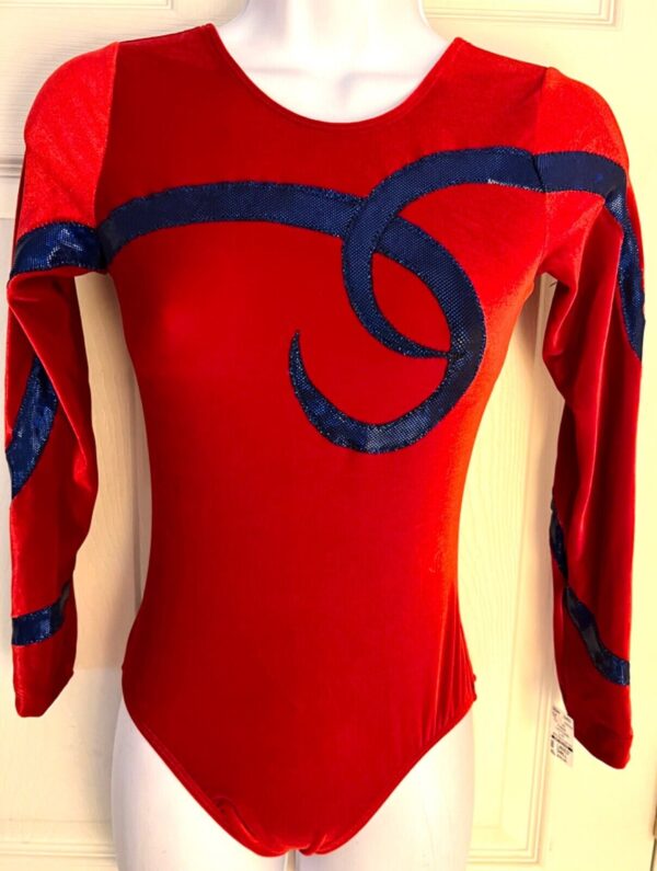 GK ELITE LgSLV LADIES SMALL RED VELVET BLUE FOIL GYMNASTICS DANCE LEOTARD SZ S