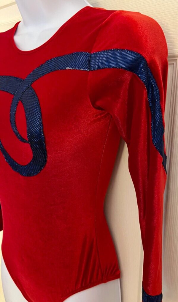 GK ELITE LgSLV LADIES SMALL RED VELVET BLUE FOIL GYMNASTICS DANCE LEOTARD SZ S - Image 2