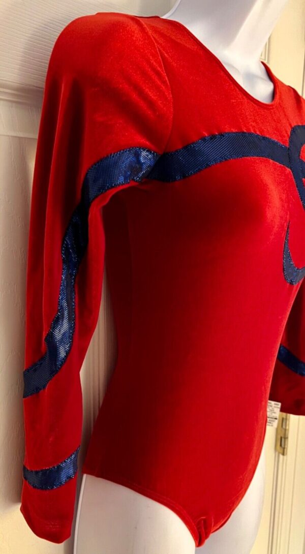 GK ELITE LgSLV LADIES SMALL RED VELVET BLUE FOIL GYMNASTICS DANCE LEOTARD SZ S - Image 4