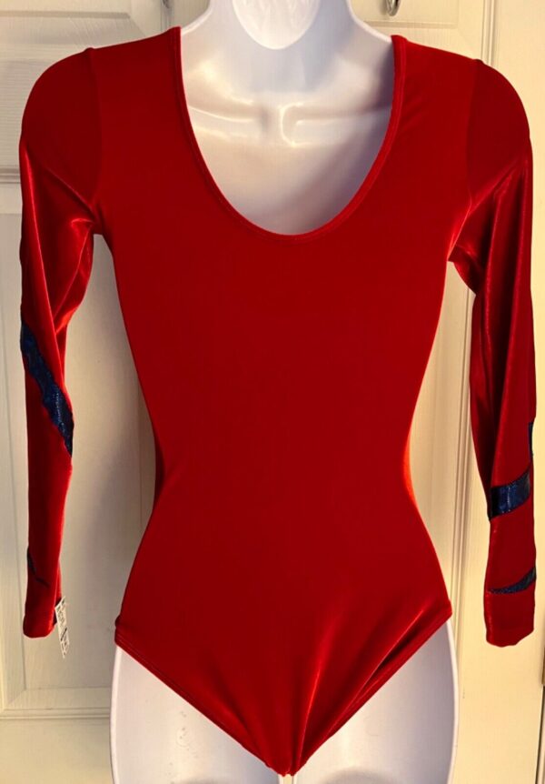 GK ELITE LgSLV LADIES SMALL RED VELVET BLUE FOIL GYMNASTICS DANCE LEOTARD SZ S - Image 6