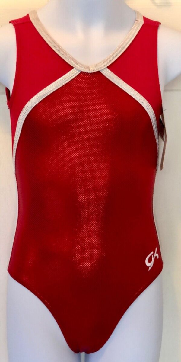 GK RED SHIMMER CHILD MEDIUM TECHMESH WHITE TRIM GYMNASTICS DANCE TANK LEOTARD CM