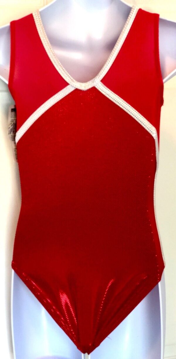 GK RED SHIMMER CHILD MEDIUM TECHMESH WHITE TRIM GYMNASTICS DANCE TANK LEOTARD CM - Image 4