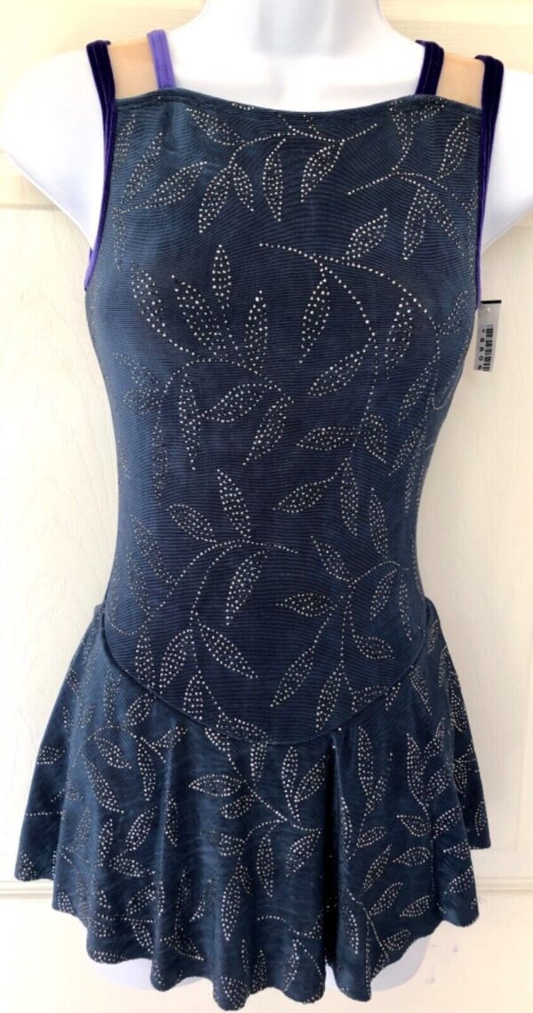 GK FIGURE SKATE FOIL LEAF PRINT ADULT SMALL SLVLS BLUE MESH VELVET DRESS Sz AS