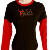 GK ADULT MEDIUM 2-LAYER LG SLEEVE BLACK RED COTTON USA/GYMNAST GRAPHICS TEE SZ S