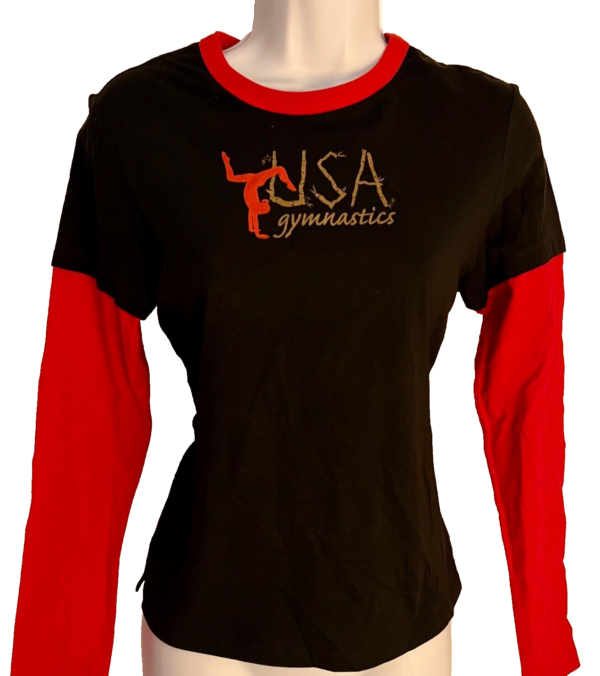 GK ADULT MEDIUM 2-LAYER LG SLEEVE BLACK RED COTTON USA/GYMNAST GRAPHICS TEE SZ S