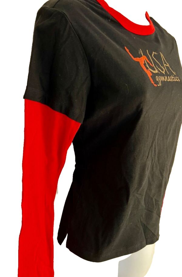 GK ADULT MEDIUM 2-LAYER LG SLEEVE BLACK RED COTTON USA/GYMNAST GRAPHICS TEE SZ S - Image 3