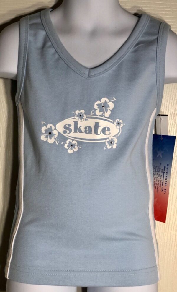 GK SKATE TANK TOP GIRLS SMALL BLUE COTTON SKATE FLORAL GRAPHICS JA STRIPES Sz S - Image 2