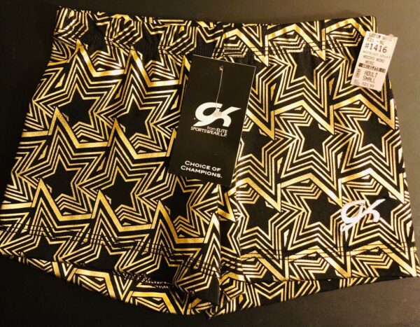 GK ELITE MICRO MINI CHEER SHORTS GOLD BLACK FOIL STARS ADULT S