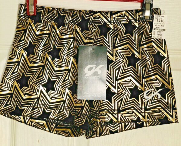 GK ELITE MICRO MINI CHEER SHORTS GOLD BLACK FOIL STARS ADULT S - Image 2