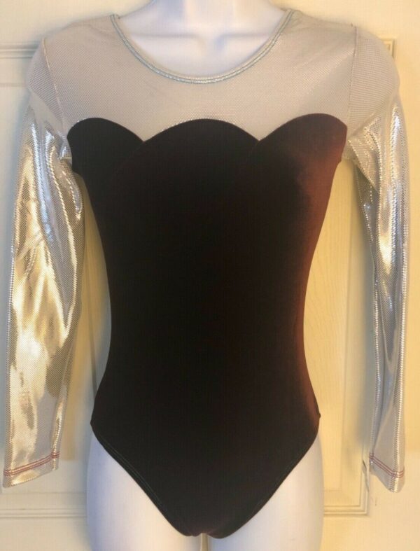 GK ELITE LgSLV LADIES SMALL WINE VELVET WHITE FOIL GYMNASTS DANCE LEOTARD AS NWT