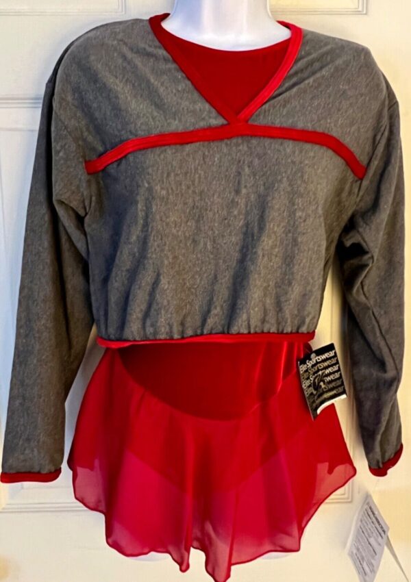 GK GRAY CROP TOP LADIES SMALL LgSLV COTTON/SPANDEX RED VELV TRIM ICE SKATE Sz AS - Image 2