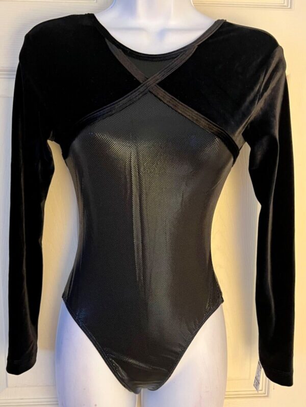 GK LgSLV LADIES SMALL BLACK SHIMMER & VELVET GYMNASTICS DANCE LEOTARD Sz AS NWT!