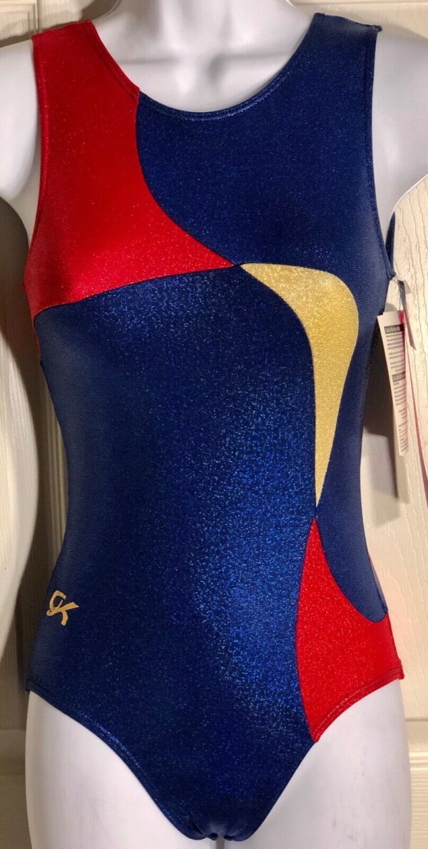 GK CLASSIC TANK LEOTARD ADULT XS RED GOLD BLUE HOLOGRAM GYMNASTIC DANCE NWT!