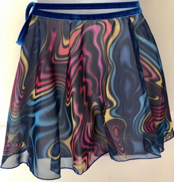 GK DANCE BALLET WRAP SKIRT CHILD MEDIUM ABSTRACT WAVE PATTERN BLUE VELVET TIE CM - Image 2