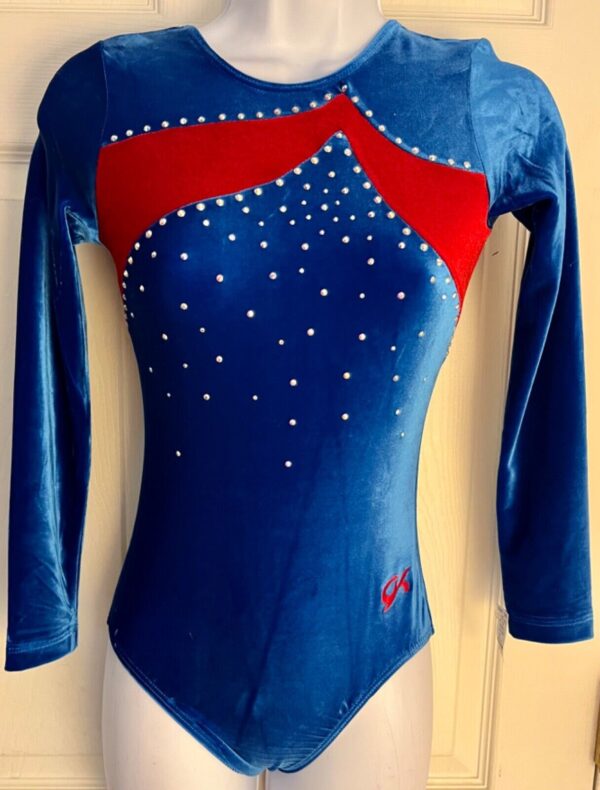 GK LgSLV ADULT SMALL ROYAL RED VELVET CRYSTALS GYMNASTICS DANCE LEOTARD SZ S