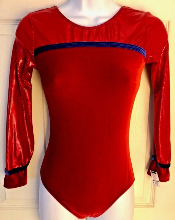 GK LgSLV ADULT SMALL RED VELVET FOIL ROYAL TRIM GYMNASTIC DANCE LEOTARD AS NWT!