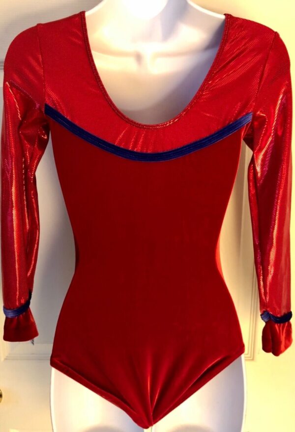 GK LgSLV ADULT SMALL RED VELVET FOIL ROYAL TRIM GYMNASTIC DANCE LEOTARD AS NWT! - Image 6