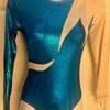 GK ADULT SMALL LgSLV ELECTRIC BLUE FOIL NUDE MESH SILVER GYMNASTIC LEOTARD Sz AS