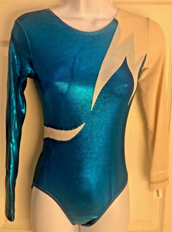 GK ADULT SMALL LgSLV ELECTRIC BLUE FOIL NUDE MESH SILVER GYMNASTIC LEOTARD Sz AS